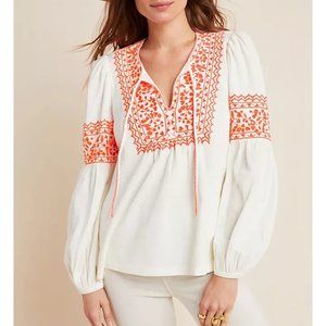 NWOT Anthropologie Maeve Louisa Textured Embroidered Peasant Top Ivory Small